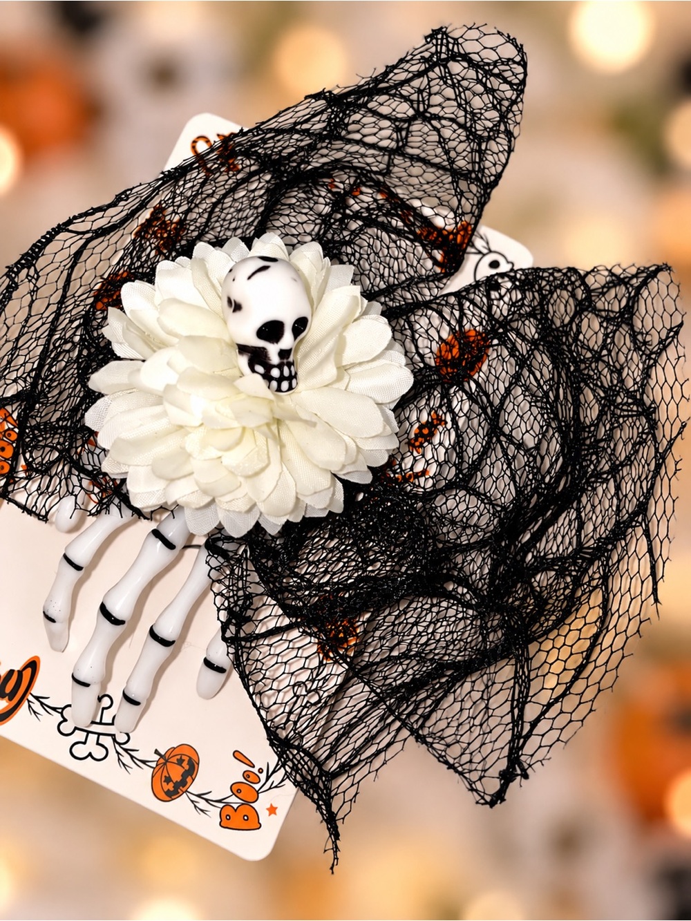 Halloween Skull & White Flower Hair Clip with Black Veil